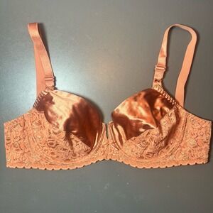 Vtg Rendezvous Maidenform 36C Rust Orange Lace Second Skin Unlined Shiny Pin Up